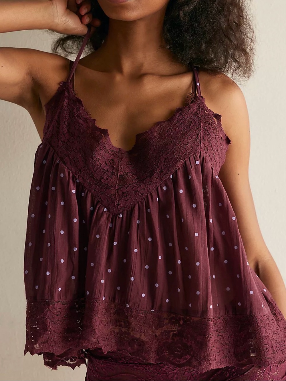 Free People ‘Fiona’ Plum Lace-Trim Polka Dot Camisole - Picture 4 of 4